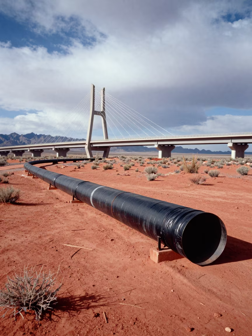 Pipeline Weld Seam Tar Wrapped Desert in under a cable-stayed bridge span near Las Vegas