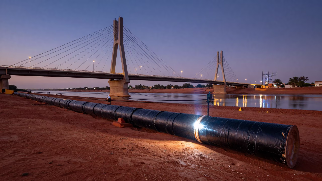 Pipeline Weld Seam Wrapped in Tar Under Bridge in under a cable-stayed bridge span near Nouakchott