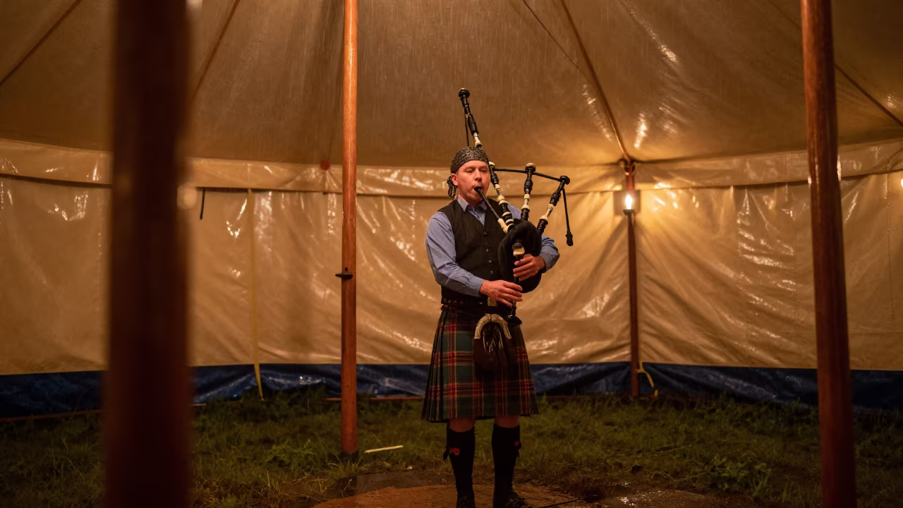 Piper Playing Bagpipes Under Lahti Tent in under a circus tent in Lahti