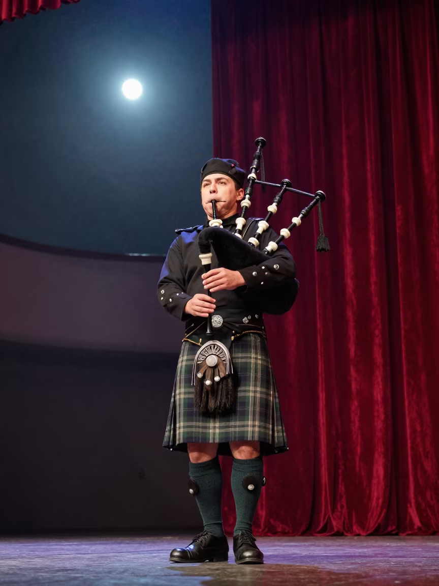 Piper on Bursa Theater Stage in Predawn Sleet in on a theater stage in Bursa