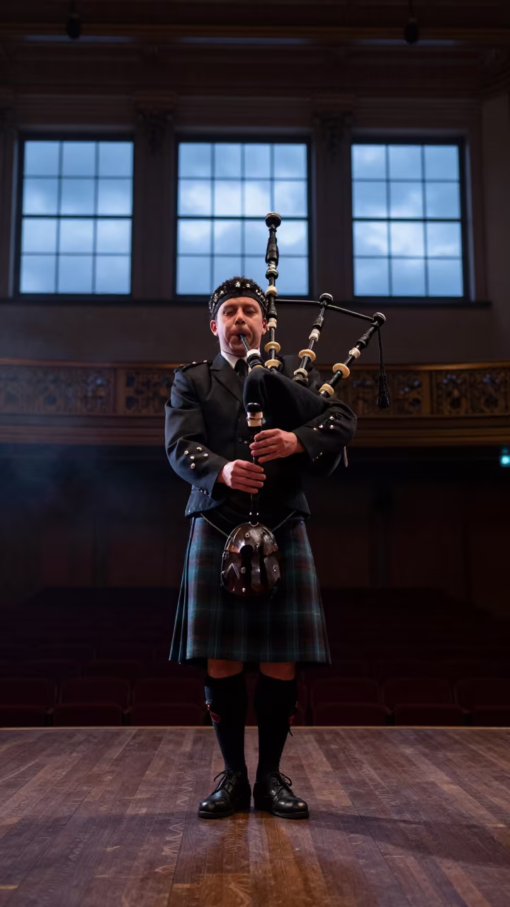 Piper in Maradi Hall Before Dawn in in a concert hall in Maradi