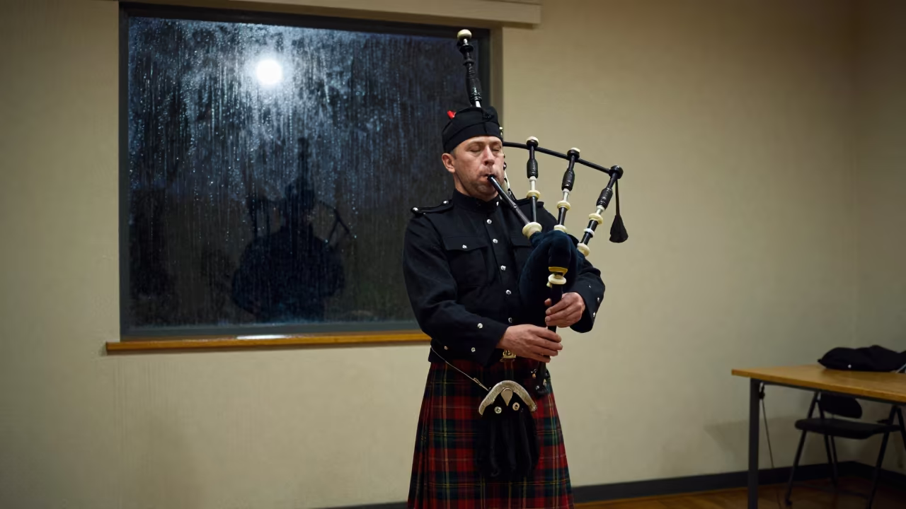 Piper in Tartan Rehearsing at Midnight in Monsoon Rain in in a rehearsal room in Tamale