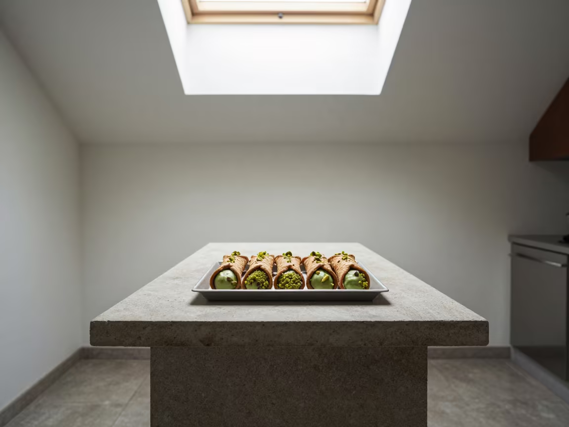 Pistachio Cannoli Tray on Puebla Kitchen Worktop in on a kitchen worktop in Puebla