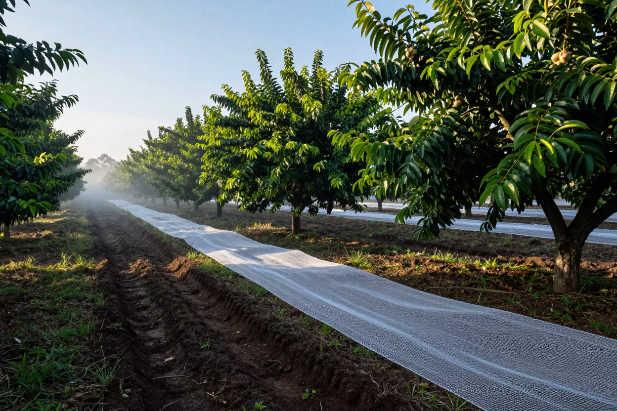 Pistachio Orchard Harvest Nets Nicaragua Afternoon in beside a tractor track through dark soil in Nicaragua
