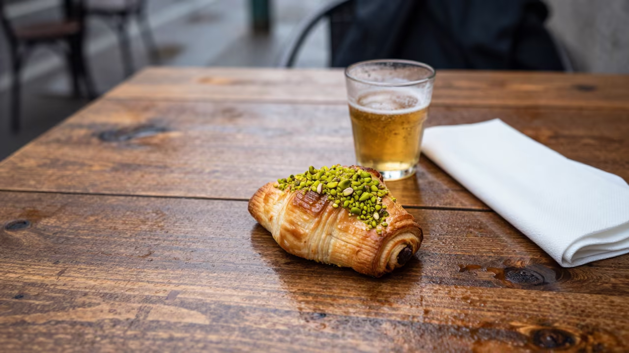 Pistachio Pastry and Beer on Bucharest Market Table in on a weathered outdoor table near Bucharest