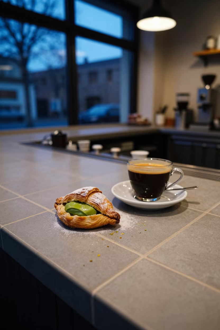 Pistachio Pastry and Espresso on Tile in at a coffee bar counter in La Victoria