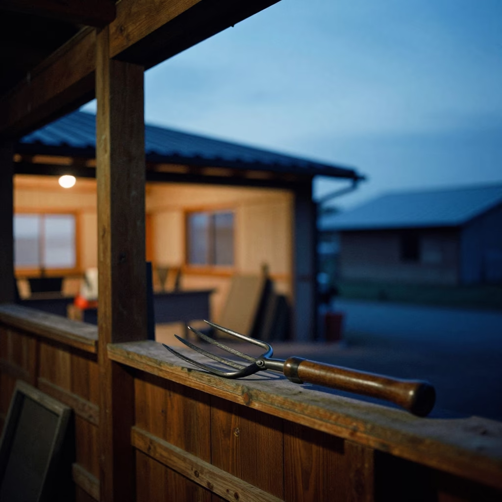 Pitchfork on Display Ledge Nagoya Sawmill in on a painted display ledge near Nagoya