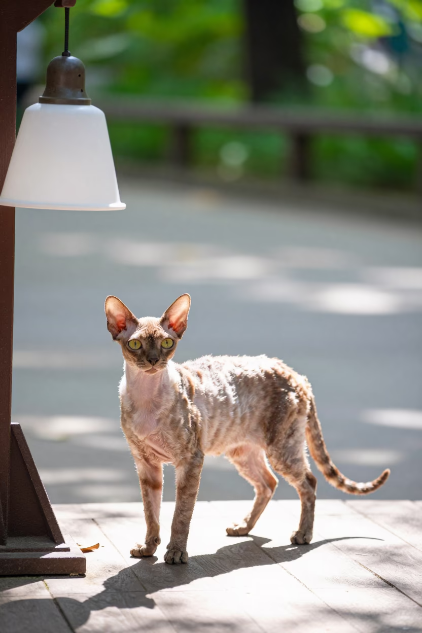Pixiebob Cat on Shaded Park Porch in Ulsan in along a quiet park path with soft open shade and a clean background in Ulsan