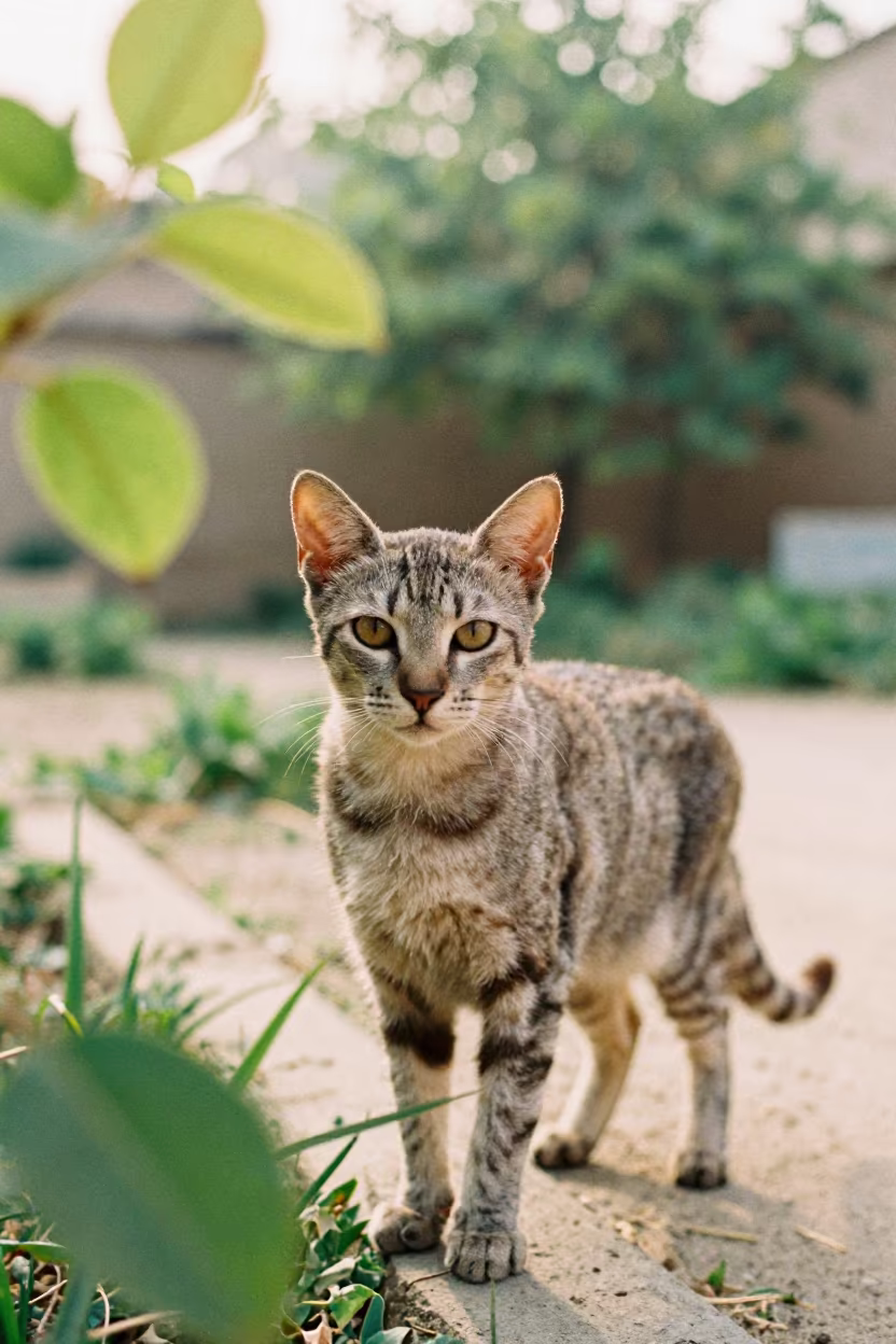 Pixiebob Cat Portrait Morning Light Sukkur in near a garden edge with soft morning light and an uncluttered background in Sukkur