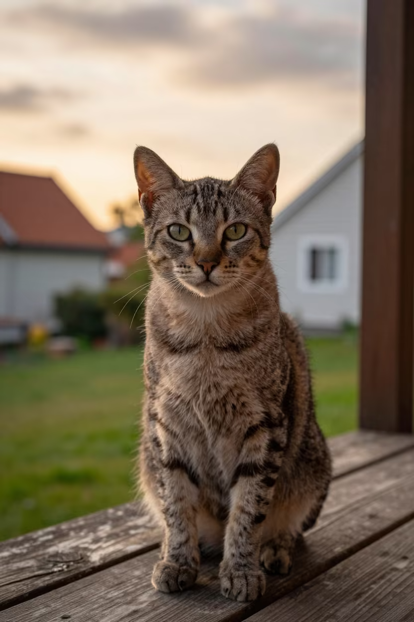 Pixiebob Cat Portrait on Shaded Porch in Bergen in in a small yard with clipped grass, calm light, and the animal centered in frame in Bergen
