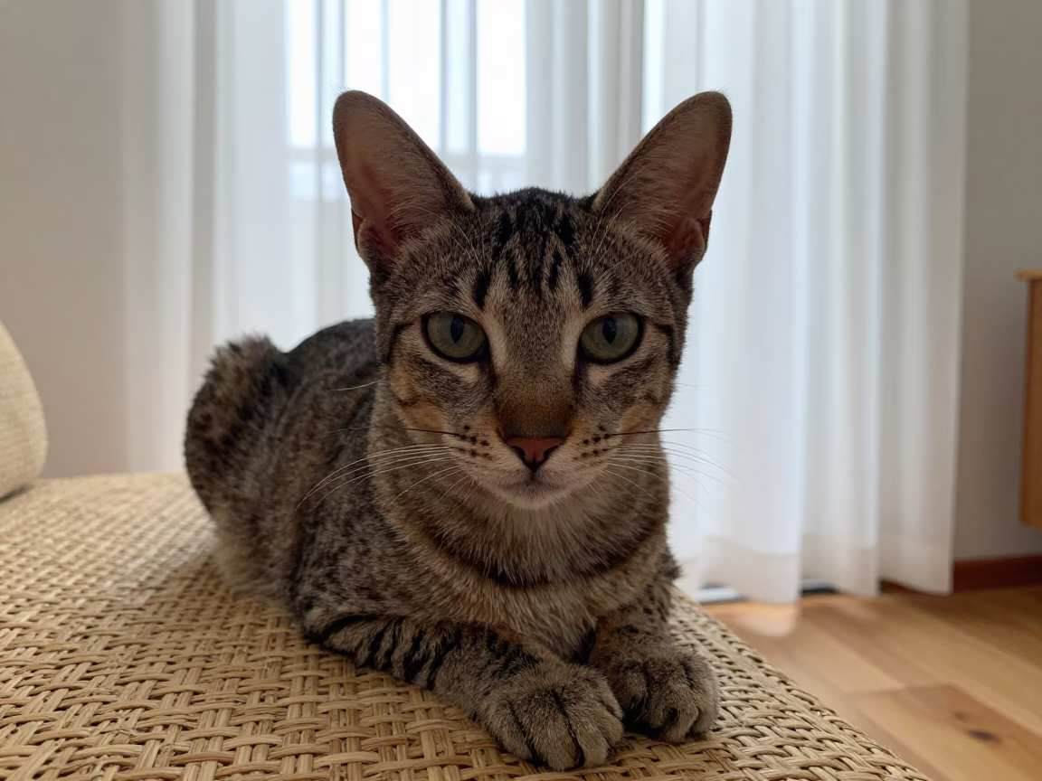 Pixiebob Cat Portrait on Sofa in Perugia in on a sofa near a curtained window with calm indoor light in Perugia