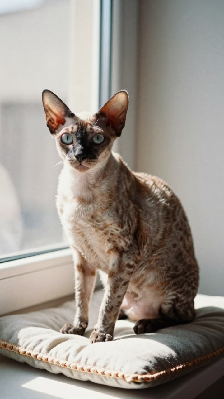 Pixiebob Cat Portrait on Window Seat in Luxor in on a cushioned window seat with soft side light and an uncluttered background in Luxor