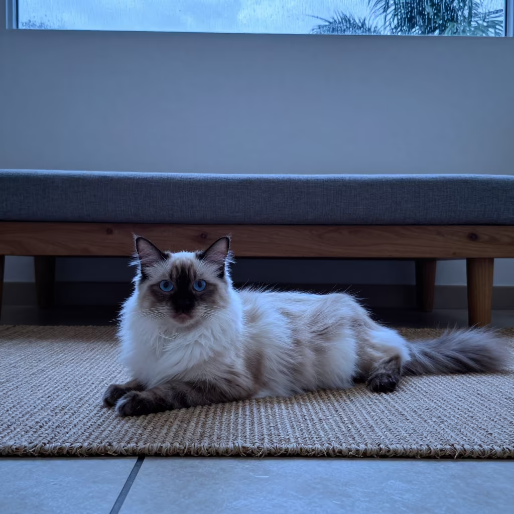 Pixiebob Longhair Cat in La Asunción Twilight in on a woven rug beside a low couch and an uncluttered wall in La Asunción