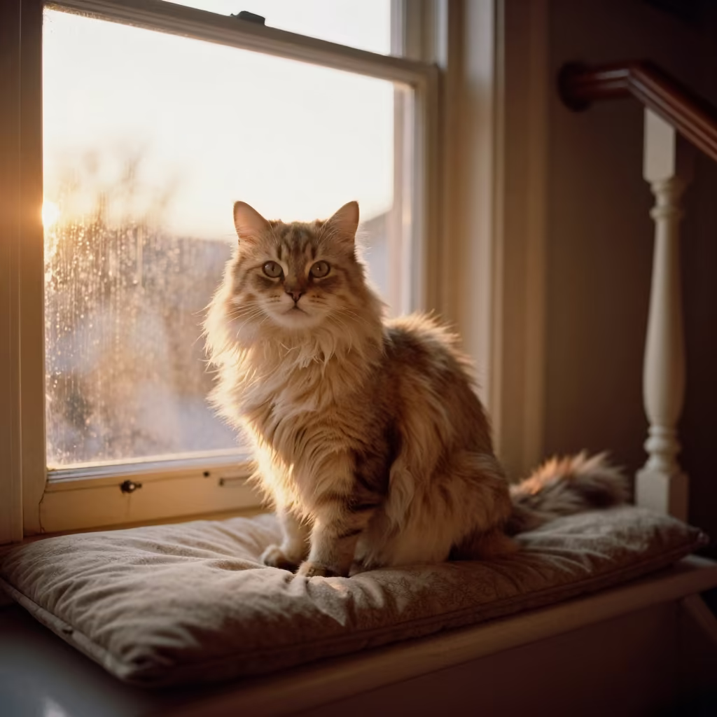Pixiebob Longhair Cat on Window Seat in on a cushioned window seat with soft side light and an uncluttered background in Santa Rita