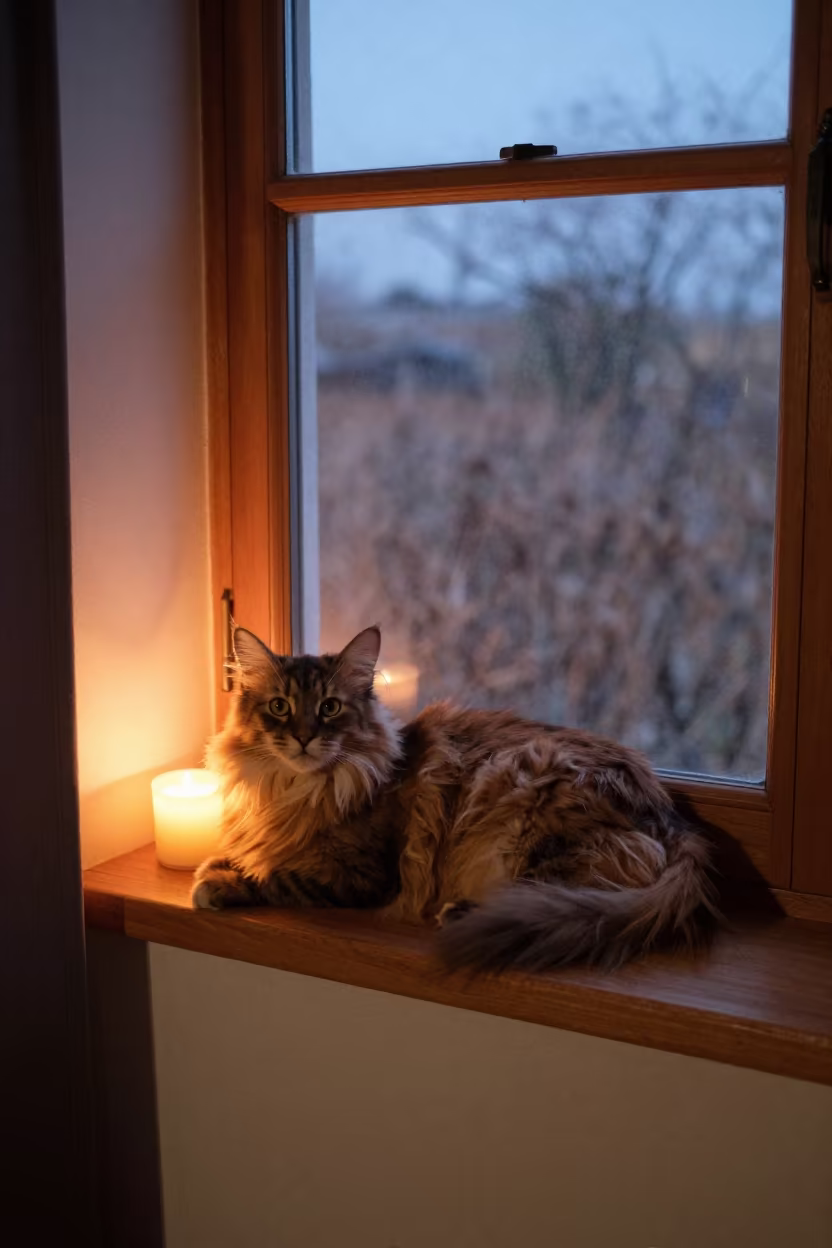 Pixiebob Longhair Cat Twilight Window Seat in on a window seat in a quiet apartment with soft side light near Huambo