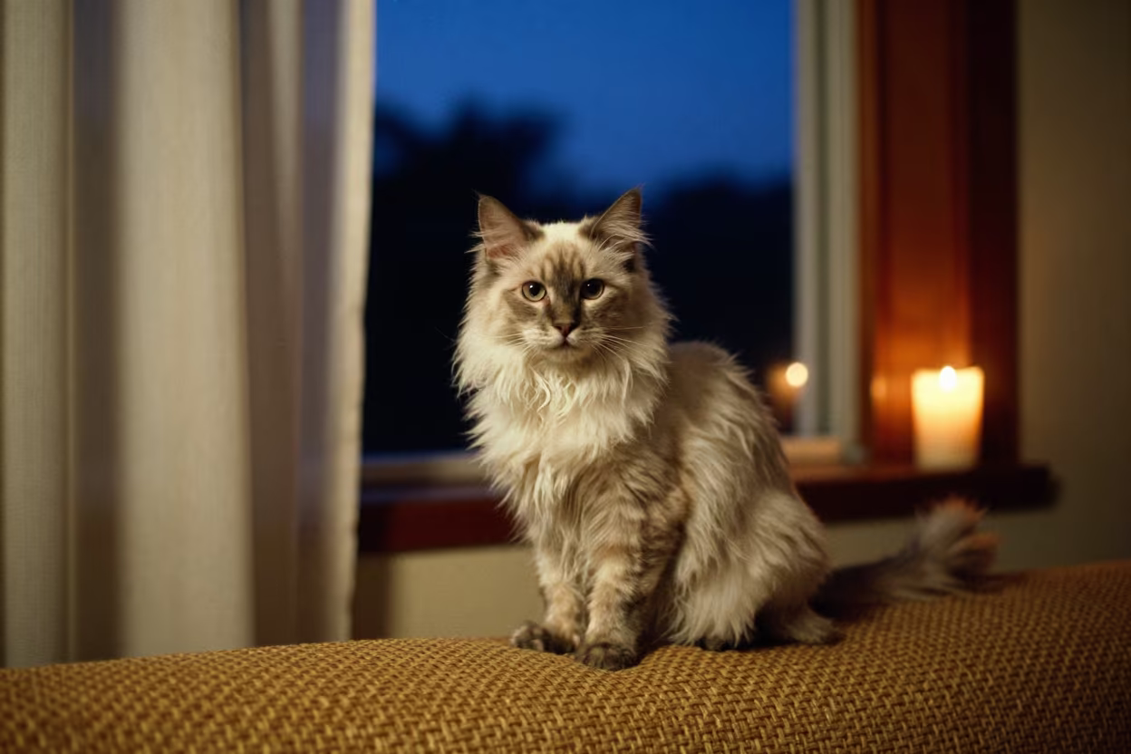 Pixiebob Longhair Portrait in Bondoukou Evening Light in on a sofa near a curtained window with calm indoor light in Bondoukou