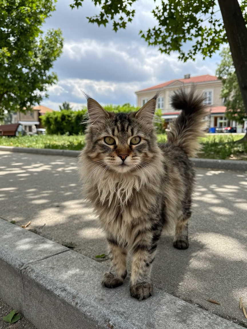 Pixiebob Longhair Portrait on Çerkezköy Park Path in along a quiet park path with soft open shade and a clean background in Çerkezköy district