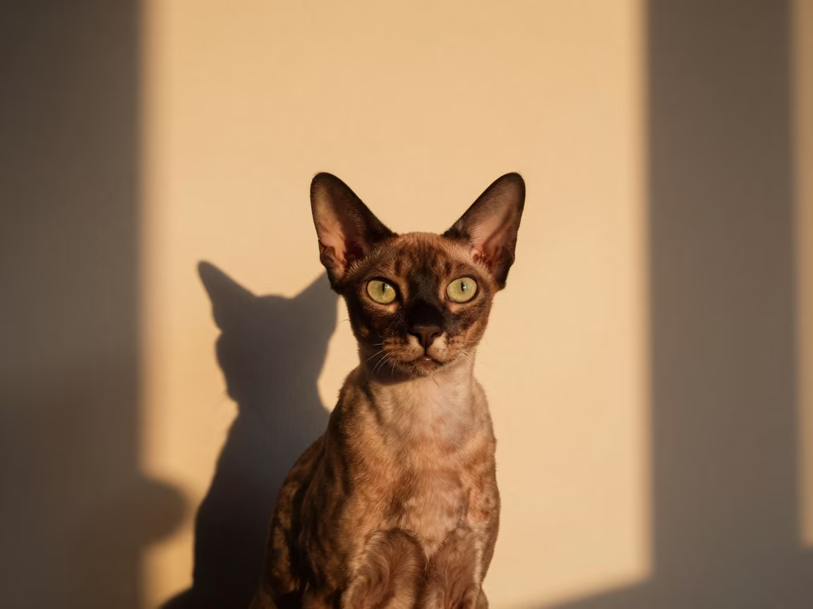 Pixiebob Portrait Beside Plaster Wall in Evening Light in beside a plain plaster wall in soft indoor light with the animal centered in frame in Holon