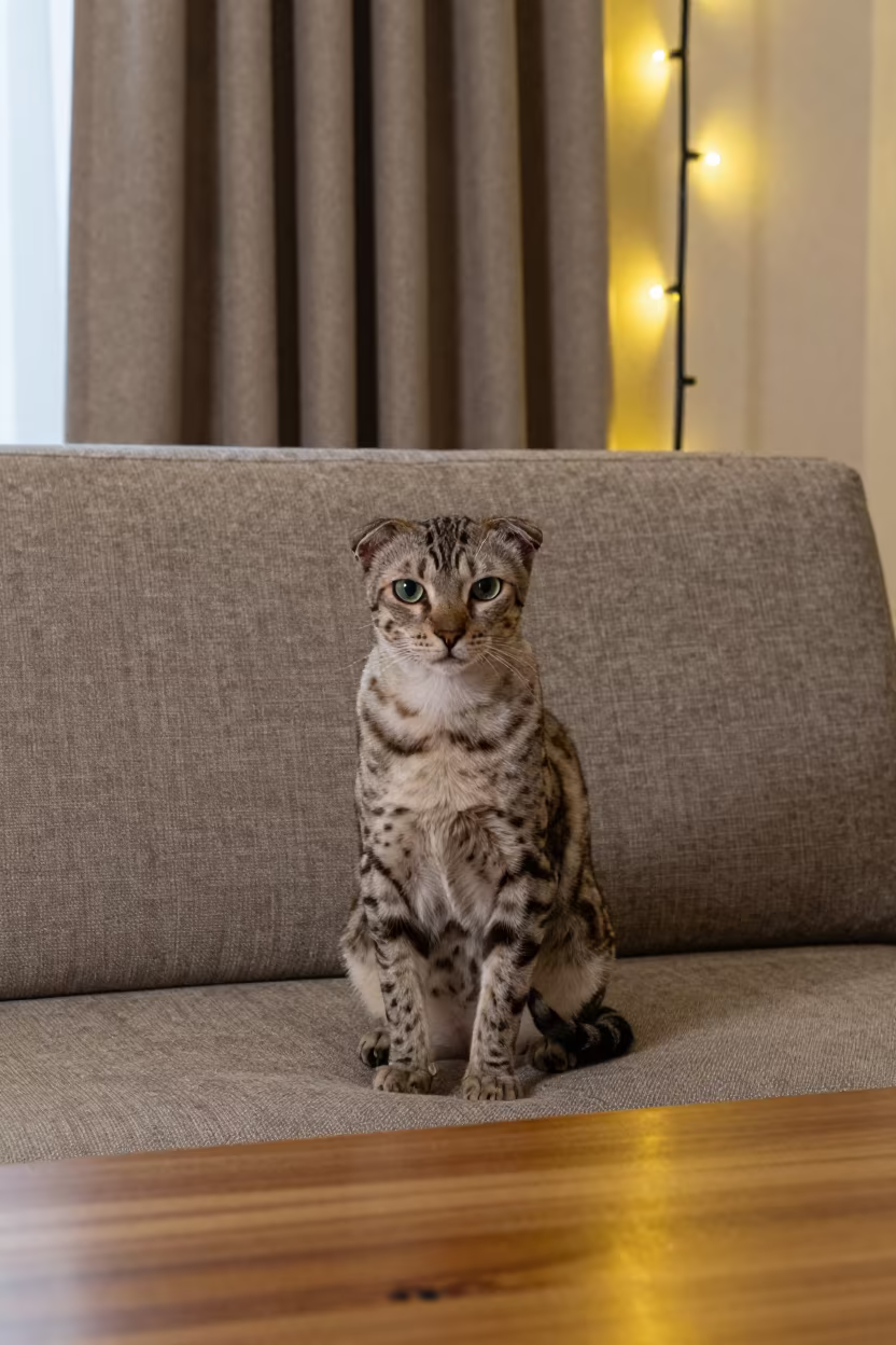 Pixiebob Portrait on Sofa Near Window in on a sofa near a curtained window with calm indoor light near Astana