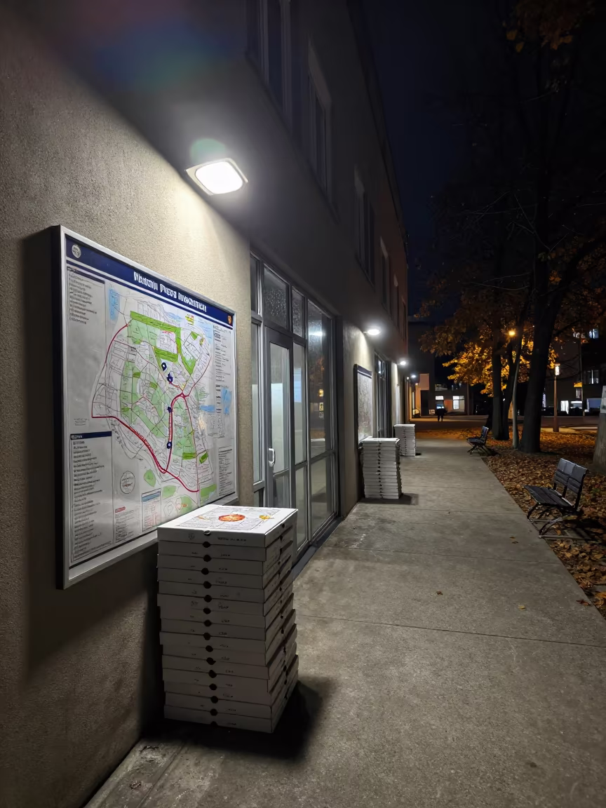 Pizza Boxes Beneath Precinct Maps in Belgrade Corridor in in a courthouse corridor near Belgrade