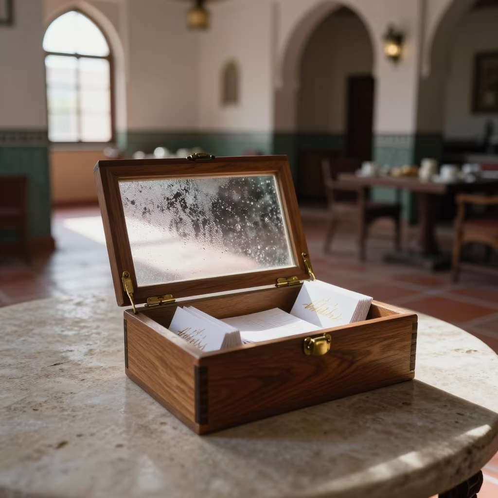 Place Card Box in Marrakech Breakfast Room in inside a breakfast room before opening in Mouassine, Marrakech