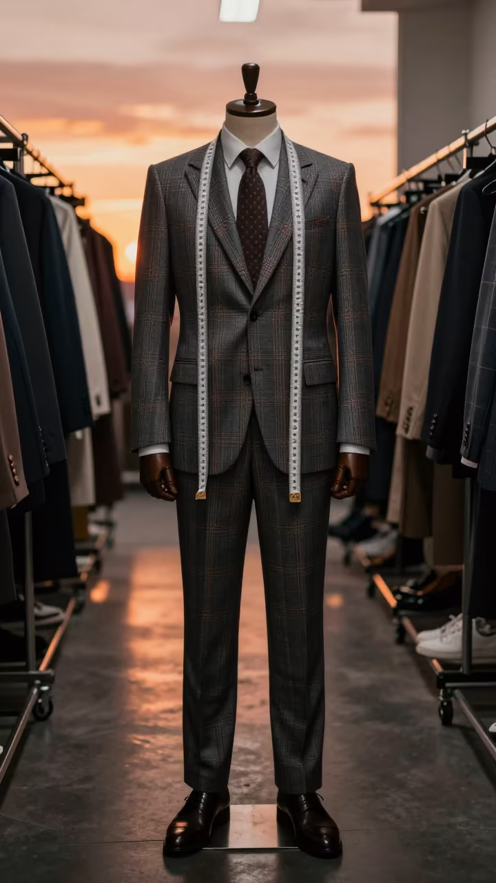 Plaid Suit Tailor Tape Copper Light in in a backstage changing corridor in Portmore