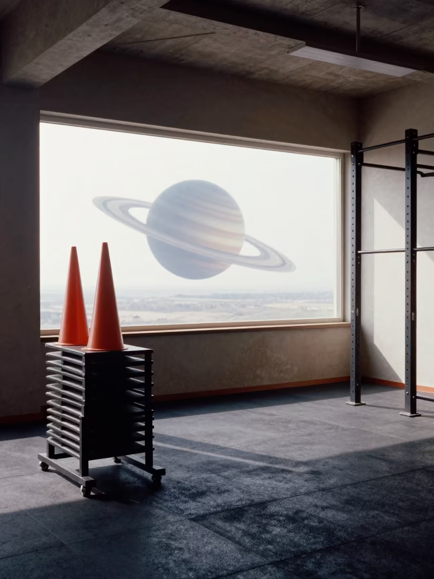 Planet Ringed Moon Above Gym Cone Stack Balıkesir in inside a strength room in Balıkesir