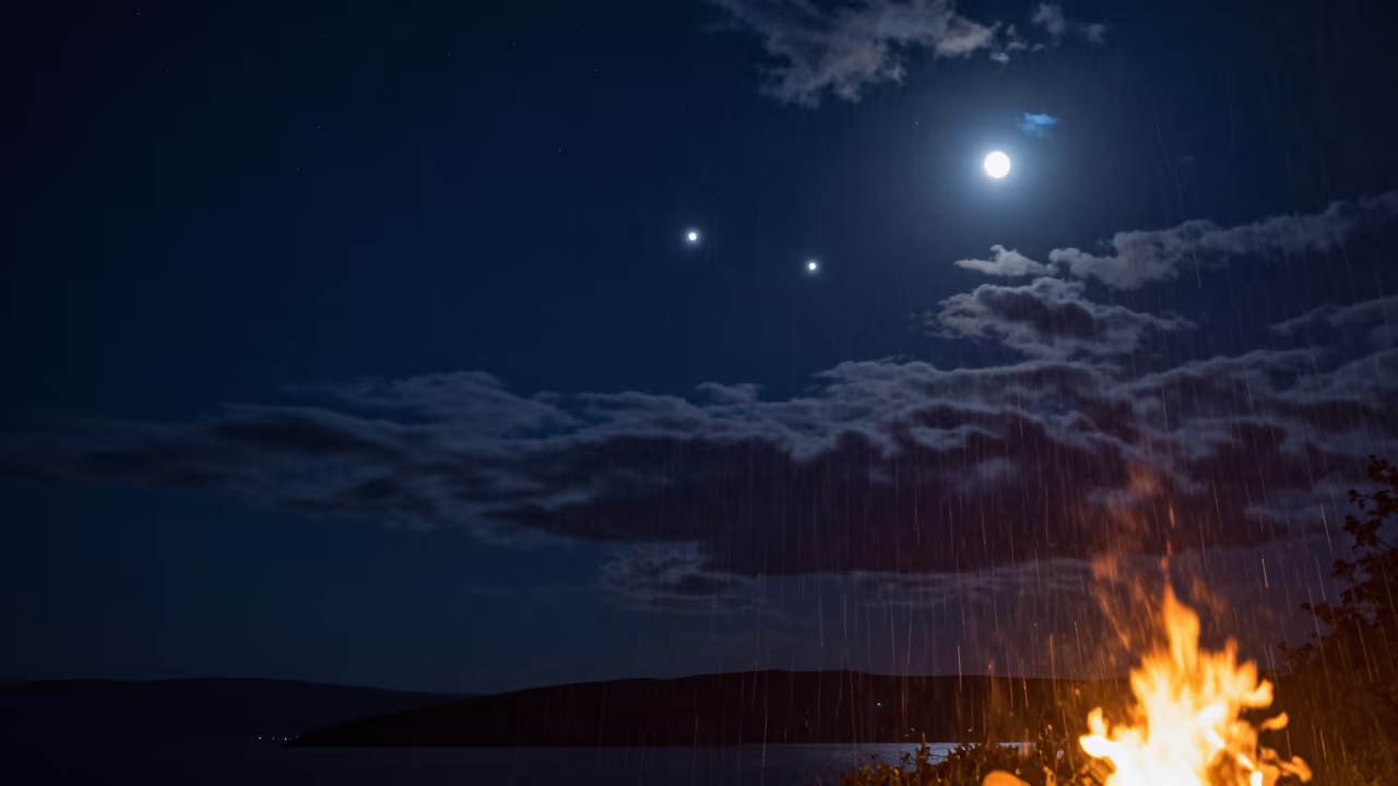 Planetary Conjunction Near Moon Over Vladivostok in beneath thin cloud gaps and stars near Vladivostok