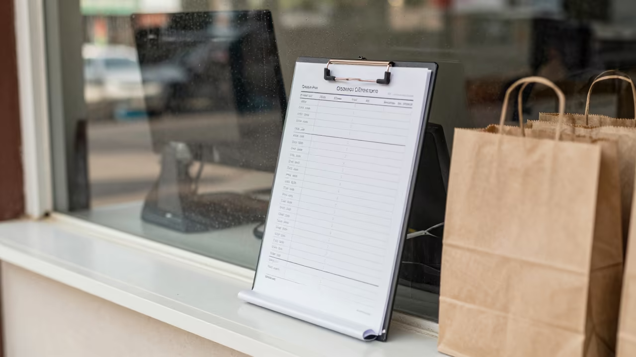 Planogram Binder Stand Cash Wrap Accra in at a cash wrap counter with bags stacked nearby in Accra