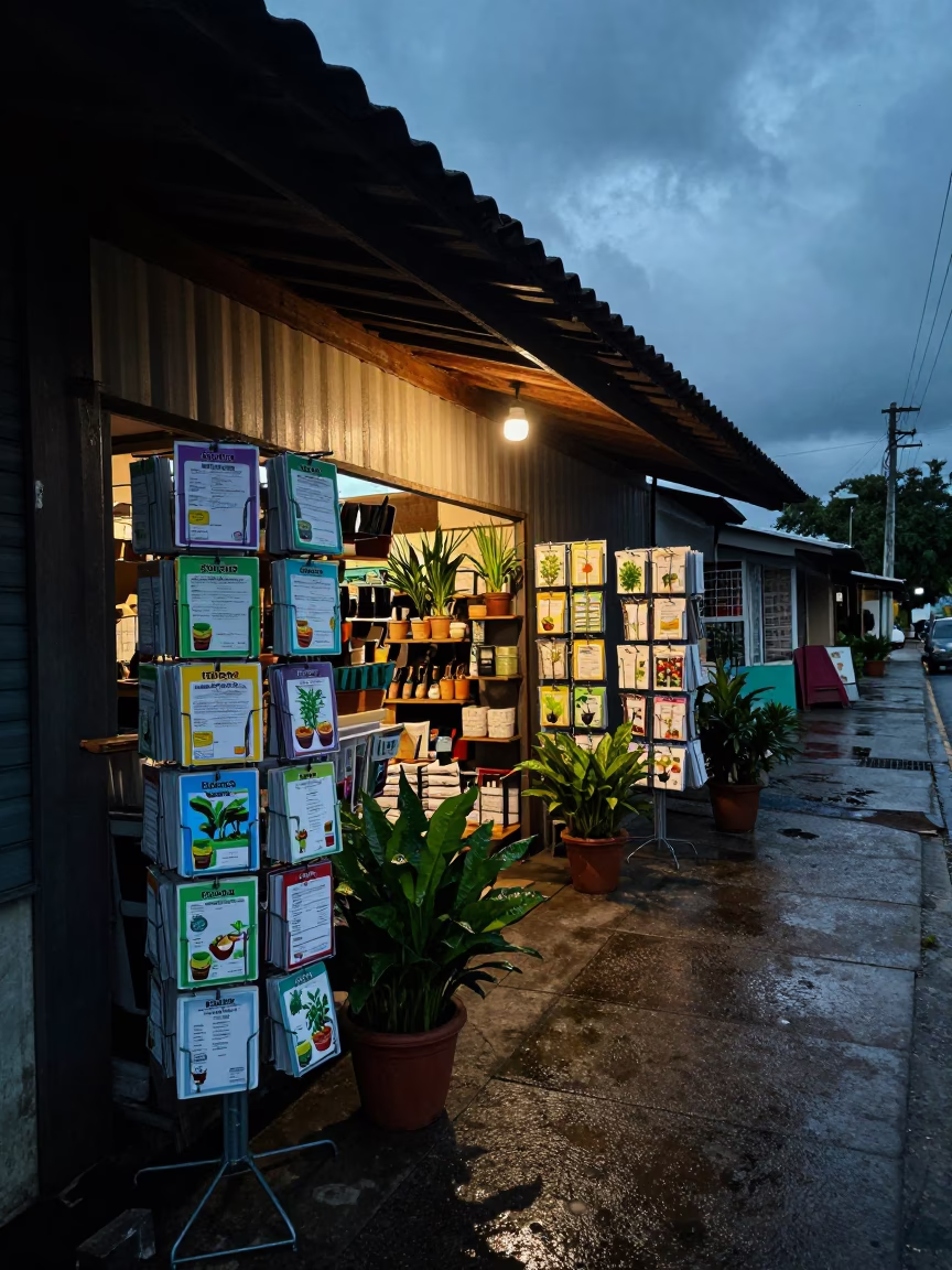 Plant Warranty Rack Under El Tigre Awning in beneath a shop awning at blue hour in El Tigre
