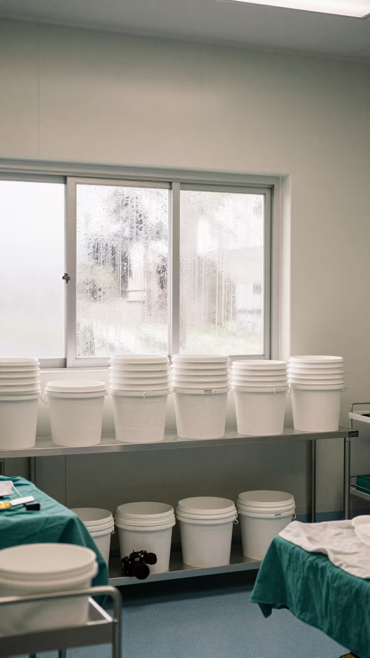 Plaster Bucket Shelf in Aden Surgical Prep in in a surgical prep area near Aden