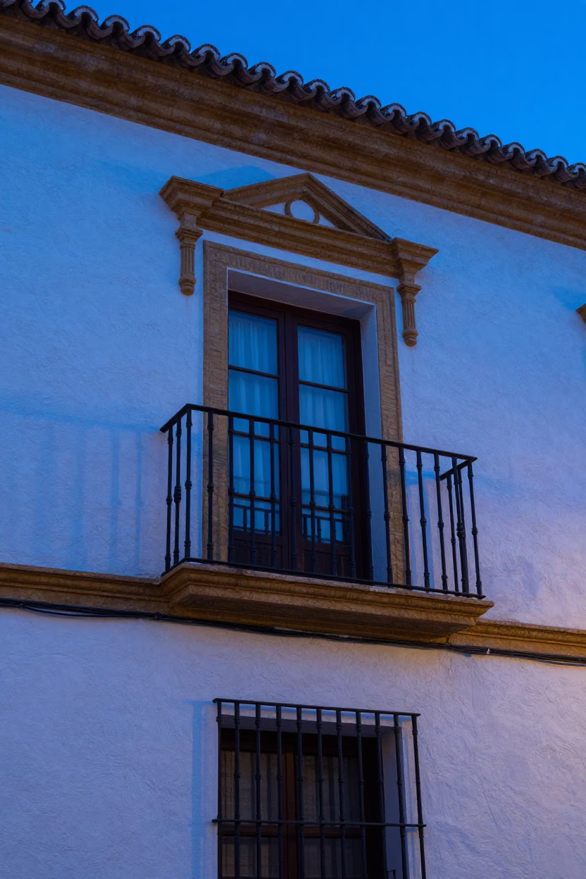 Plaster Facade at The Last Blue Light Of Evening in Seville in in Seville, Spain