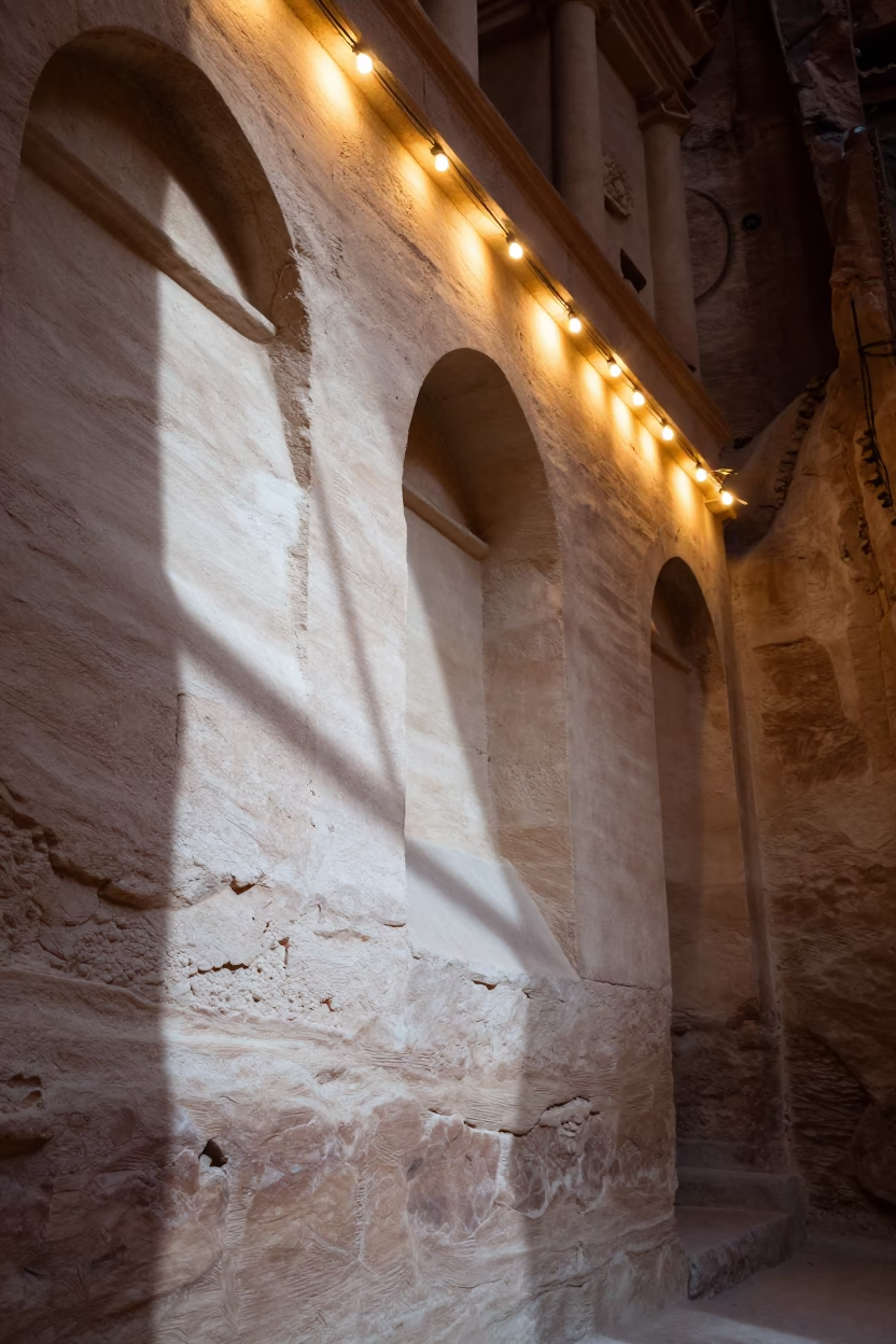 Plaster and Lantern Light in Petra Passageway in inside a skylit passageway near Petra