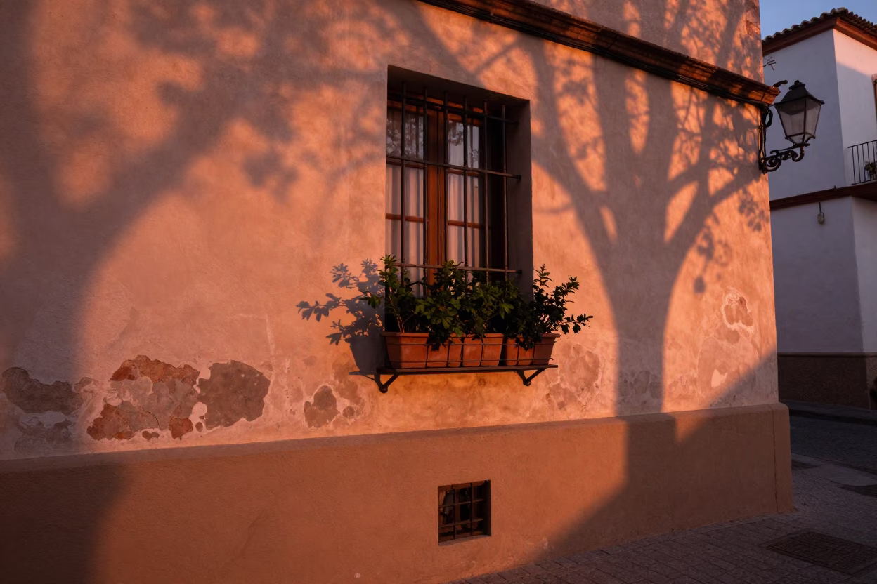 Plaster Shadows in Valencia at Copper-toned Light Before Dusk in in Valencia, Spain