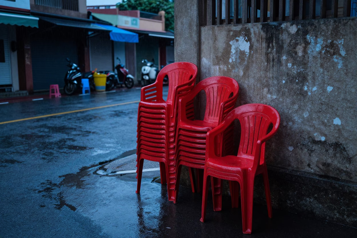 Plastic Chairs in Tainan at Dusk Light in in Tainan, Taiwan