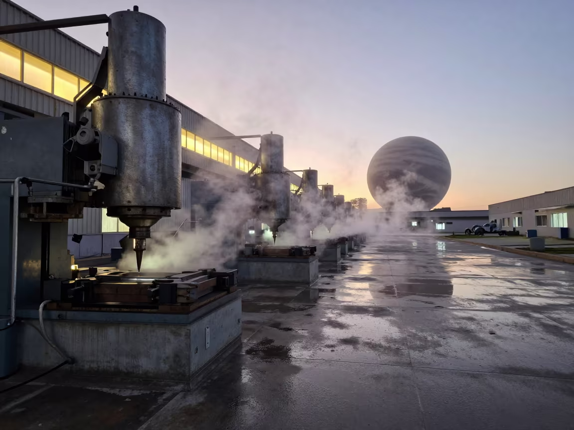 Plastic Molds Clamping Shut Under Ringed Planet in on a factory floor near Villahermosa