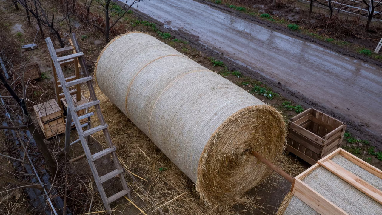 Plastic Wrapped Hay Bale Nanjing Orchard Dawn in among orchard ladders and crates in Nanjing