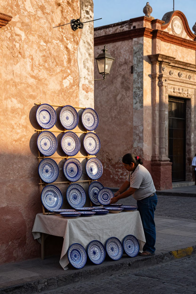 Plates Displayed in Oaxaca at Clear Late-afternoon Light in in Oaxaca, Mexico