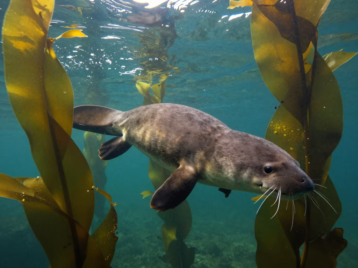 Platypus Diving Through San Diego Kelp Forest in through a forest of kelp fronds near San Diego, Cartagena
