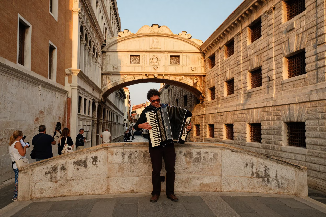 Playing Accordion in Venice at Honeyed Evening Light in in Venice, Italy