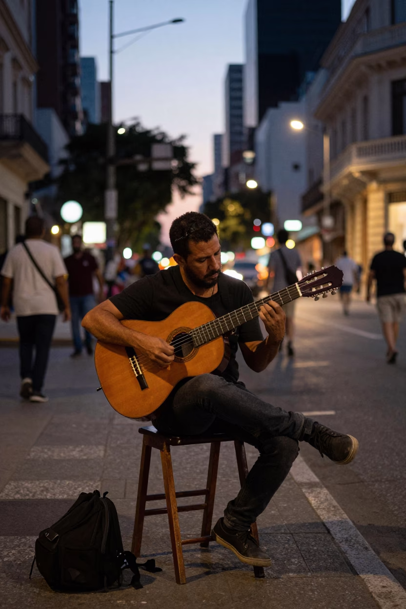 Playing Guitar at As City Lights Begin To Glow in Buenos Aires in in Buenos Aires, Argentina