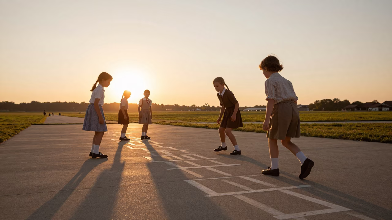 Playing Hopscotch in Nice at As The Sun Drops Toward The Horizon in in Nice, France