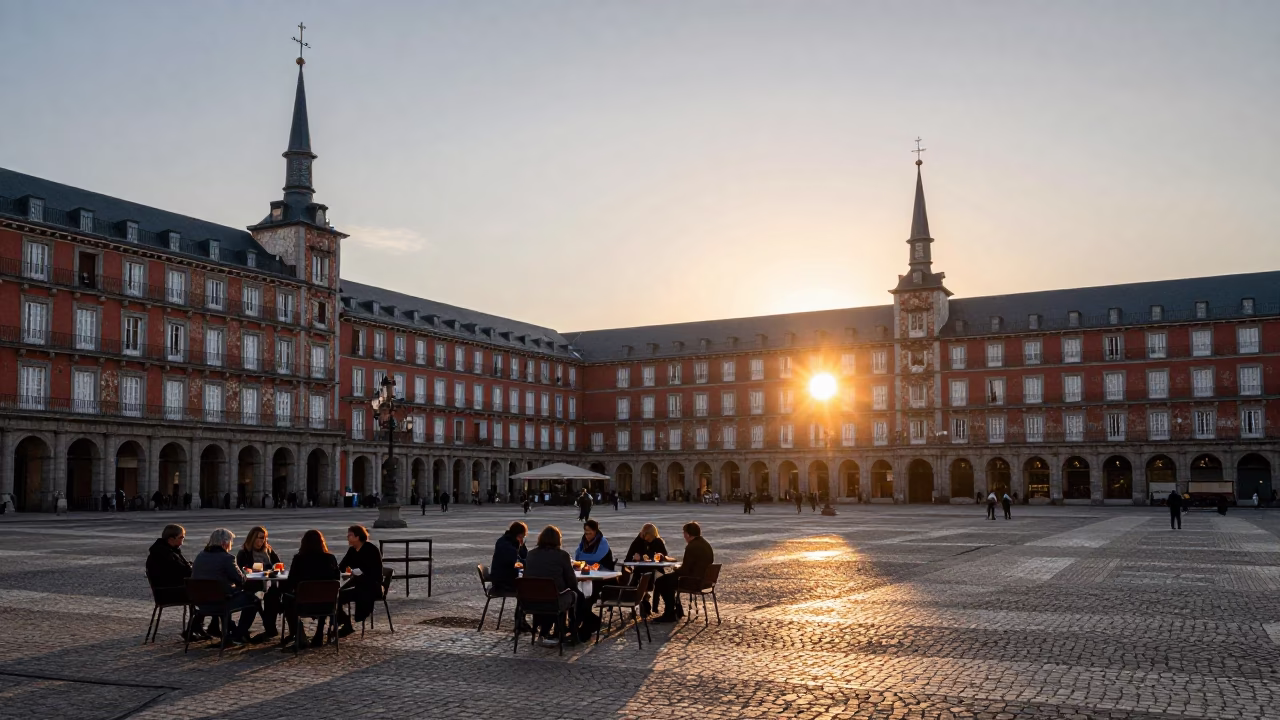 Plaza Architecture And Street Life in Madrid in in Madrid, Spain