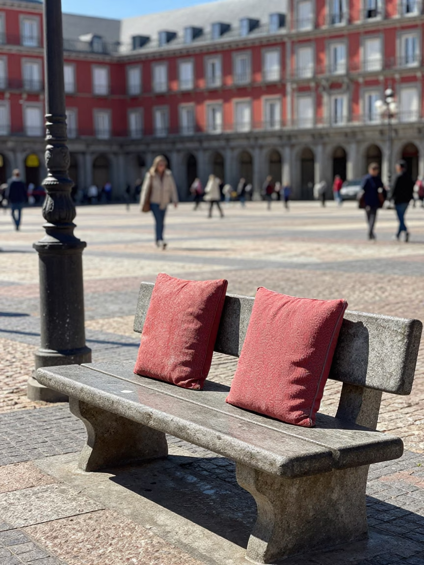 Plaza Bench in Madrid at Midday Light in in Madrid, Spain