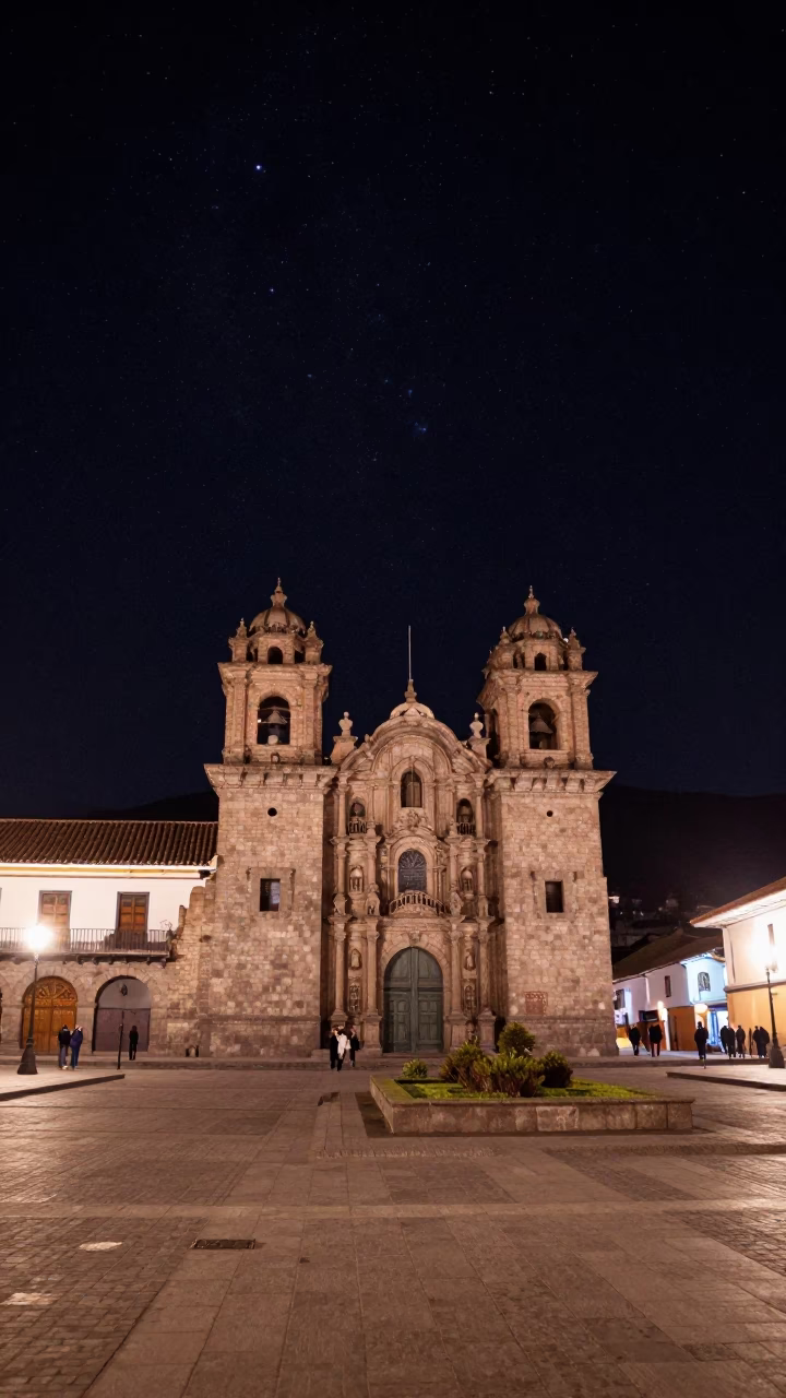 Plaza De Armas Stone Architecture And Starry Sky in Cusco in in Cusco, Peru