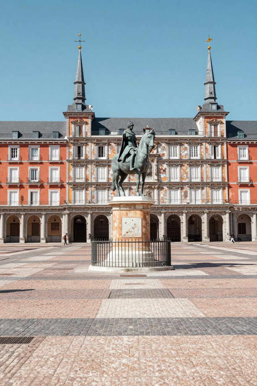 Plaza Mayor in Madrid at Midday Light in in Madrid, Spain