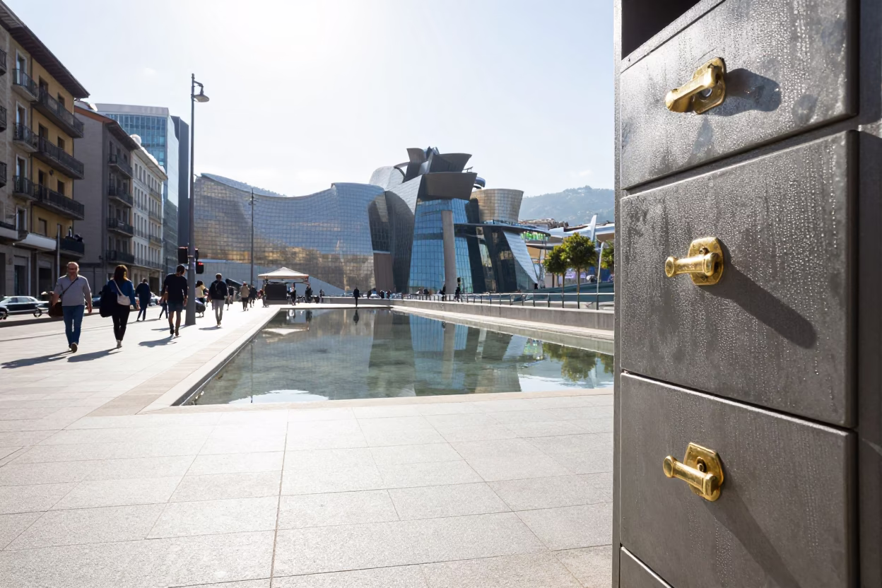Plaza Reflecting in Bilbao at The Flat Glare Of Noon Light in in Bilbao, Spain