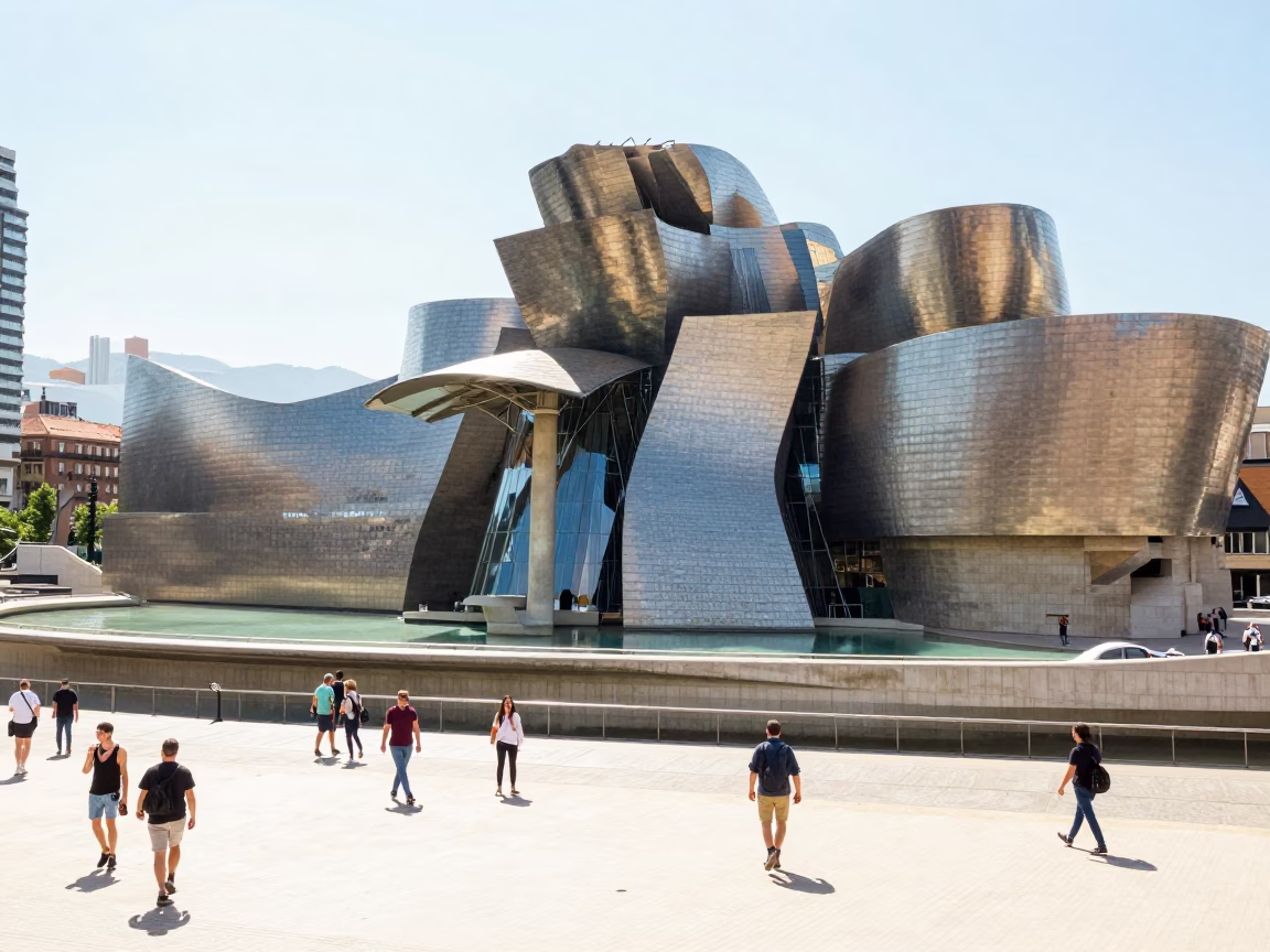 Plaza Scene in Bilbao at Bright Midmorning Light in in Bilbao, Spain