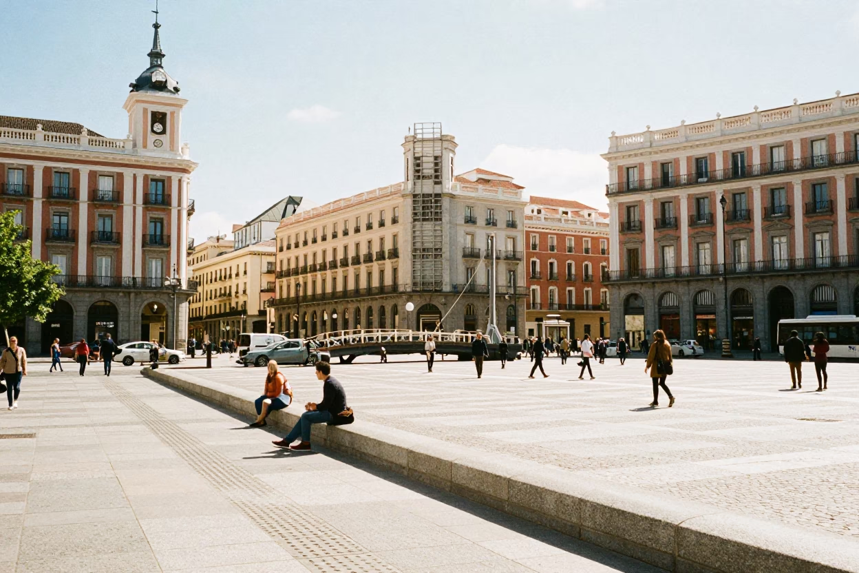 Plaza Scene in Madrid at Bright Midmorning Light in in Madrid, Spain