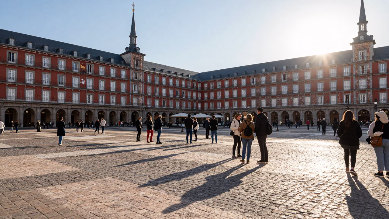Plaza Scene in Madrid at Clear Late-afternoon Light in in Madrid, Spain
